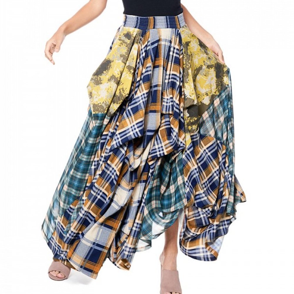 NWT TOV HOLY The Damsel's Yellow Plaid Flowing Maxi Skirt - Picture 6 of 9